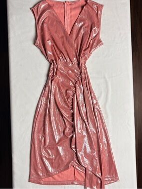 Pink Shiney Metallic BodyCon Runched Dress- L